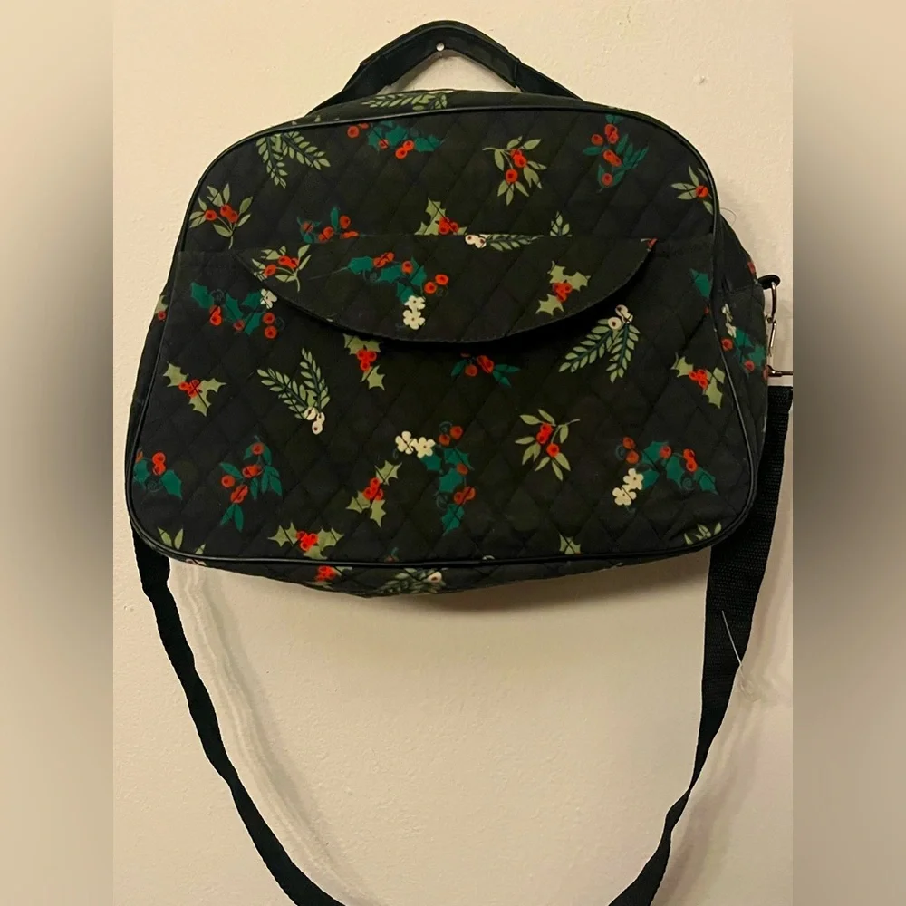 Quilted Women's Bag Black with Green, Red & White Floral Design